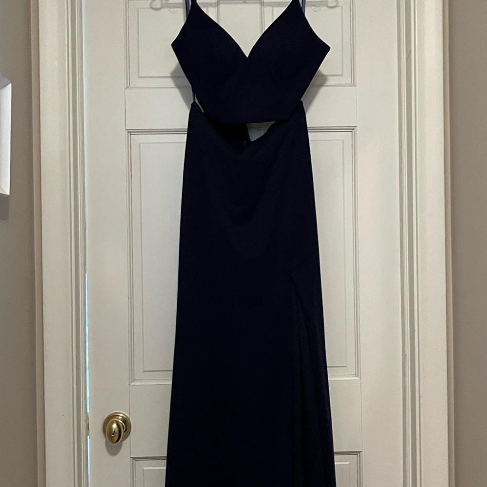 Navy Blue Sleeveless Gown with Spaghetti Straps for Prom